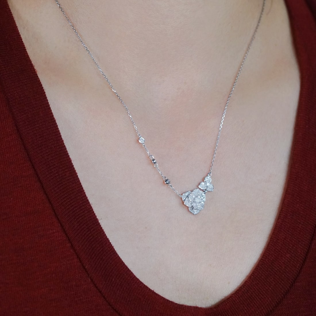 14k Gold 0.45 Ct Natural H Diamond & Flowers Necklace - 4