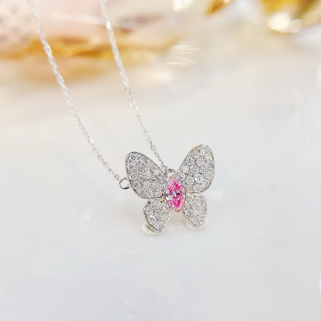 14k Gold 0.37 Ctw Natural Pink Diamond & Diamond & Butterfly Necklace - 3
