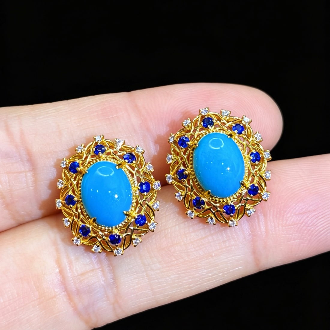 14k Gold 2.64 Ctw Natural Blue Turquoise & Diamond Earrings - 2