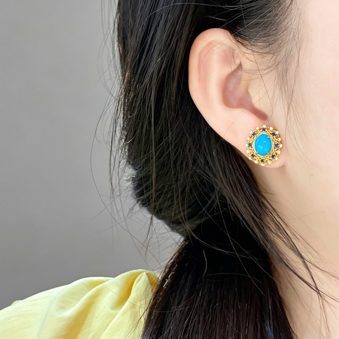 14k Gold 2.64 Ctw Natural Blue Turquoise & Diamond Earrings - 6