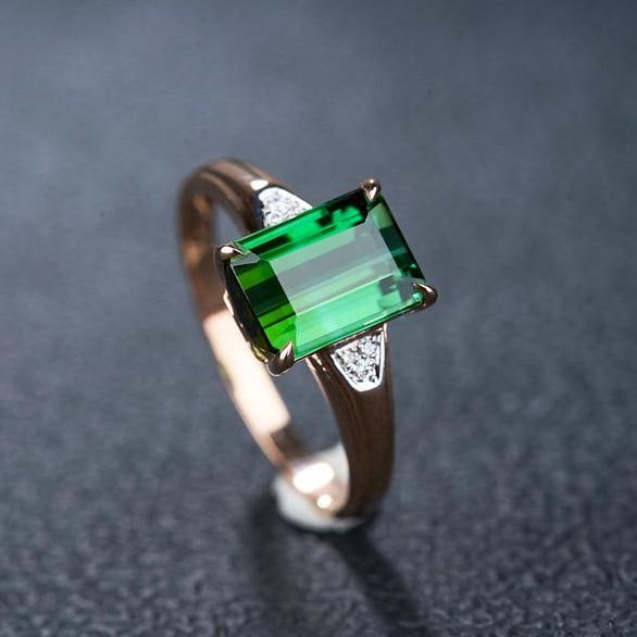 14k Gold 2.2 Ct Natural Tourmaline & Diamond Ring: Ref:231188022 // gold content:14k gold // ring size:7. 25us // // main gemstone:tourmaline // shape:octagonal // carat weight:2. 2ct // color:green // treatment:natural // // adjacent gemstone 2 :