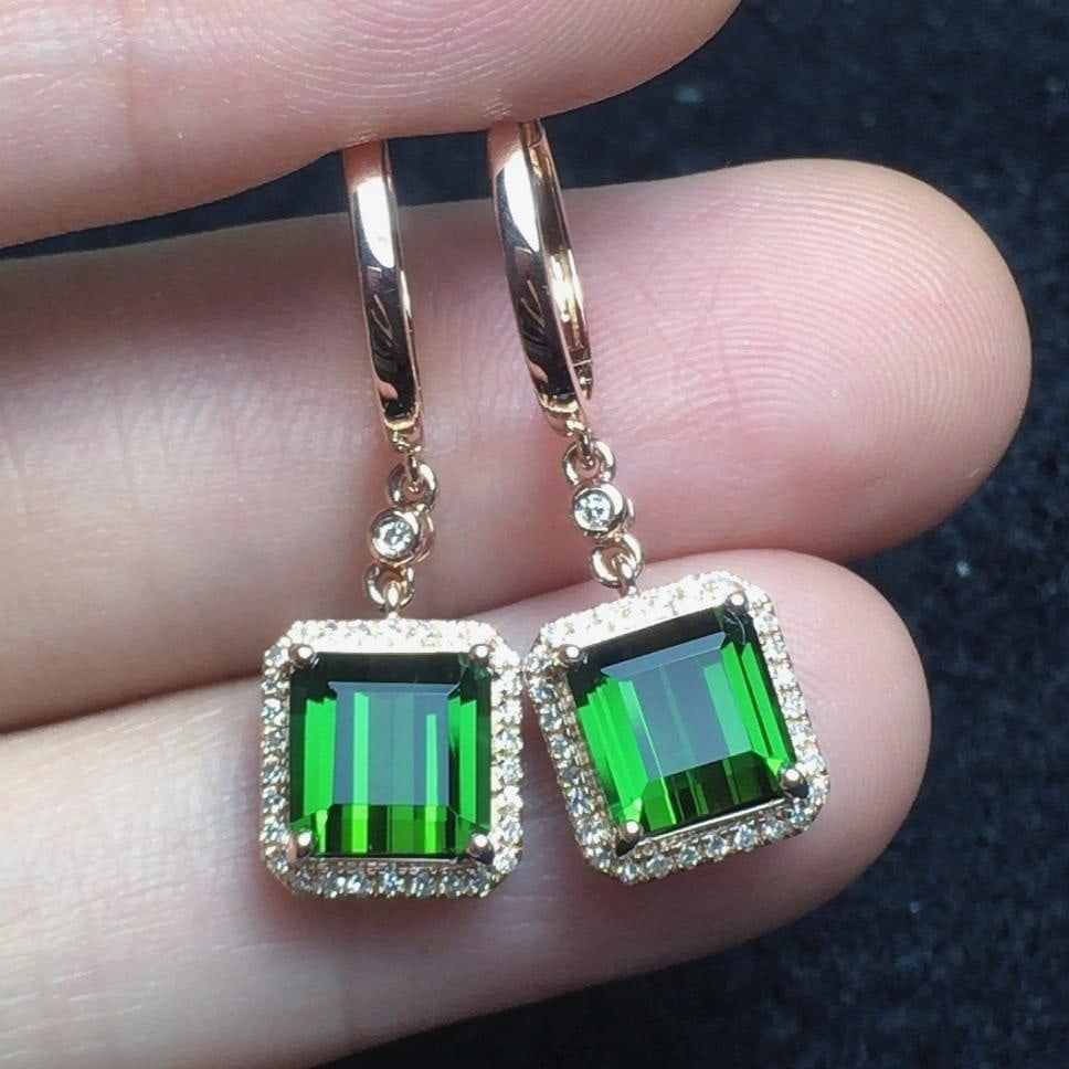14k Gold 4.0 Ct Natural Tourmaline & Diamond Earrings: Ref:231188023 // gold content:14k gold // main gemstone:tourmaline // shape:octagonal // carat weight:4. 0ct // color:green // treatment:natural // // adjacent gemstone 2 : diamond // number of stones
