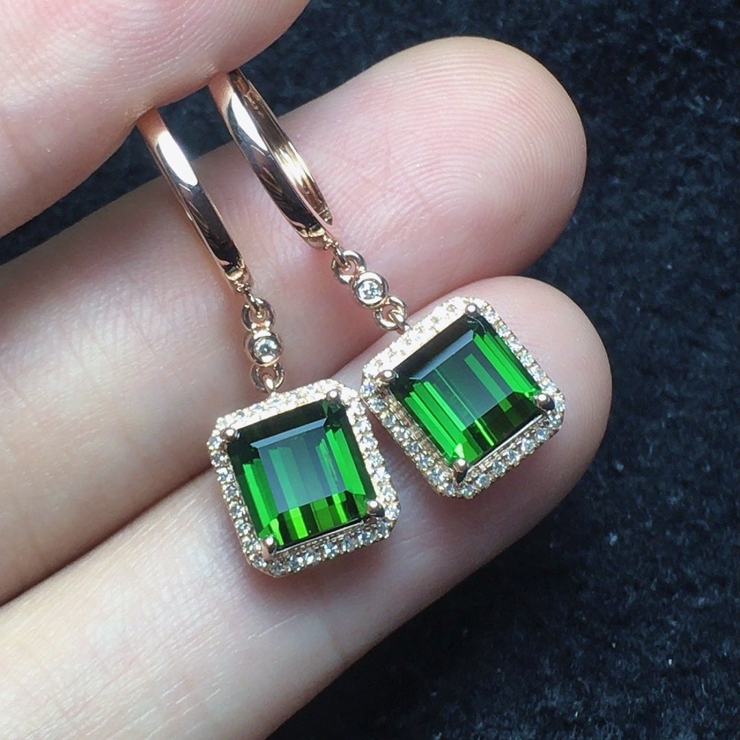 14k Gold 4.0 Ct Natural Tourmaline & Diamond Earrings - 2