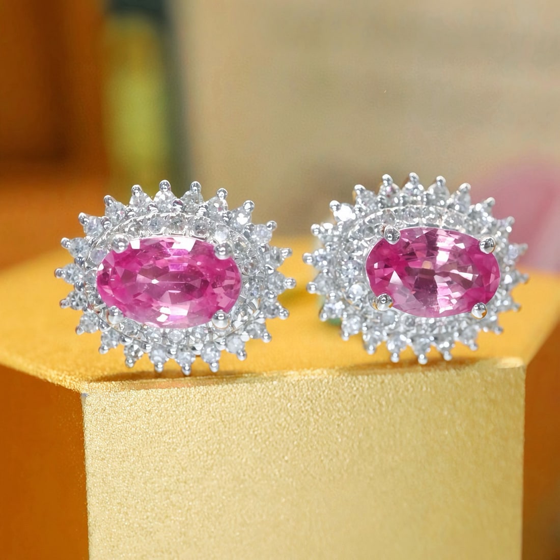 14k Gold 1.33 Ctw Natural Padparadscha Sapphire & Diamond Earrings - 3