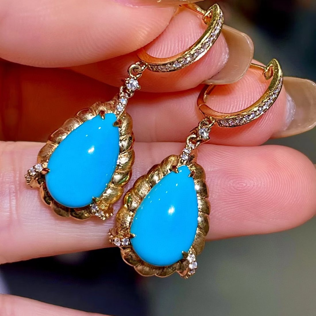 14k Gold 5.63 Ctw Natural Blue Turquoise & Diamond Earrings - 3