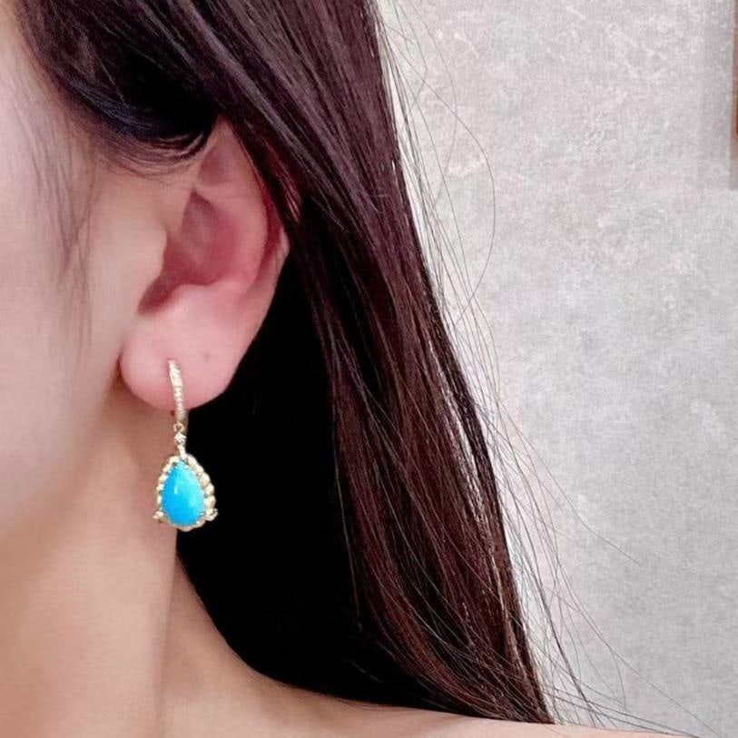 14k Gold 5.63 Ctw Natural Blue Turquoise & Diamond Earrings - 4