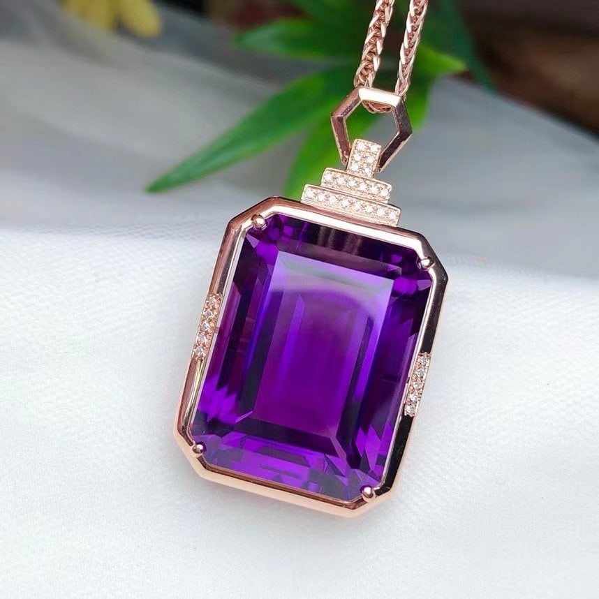 14k Gold 26.0 Ct Natural Amethyst & Diamond Pendant( Without Chain ) - 2