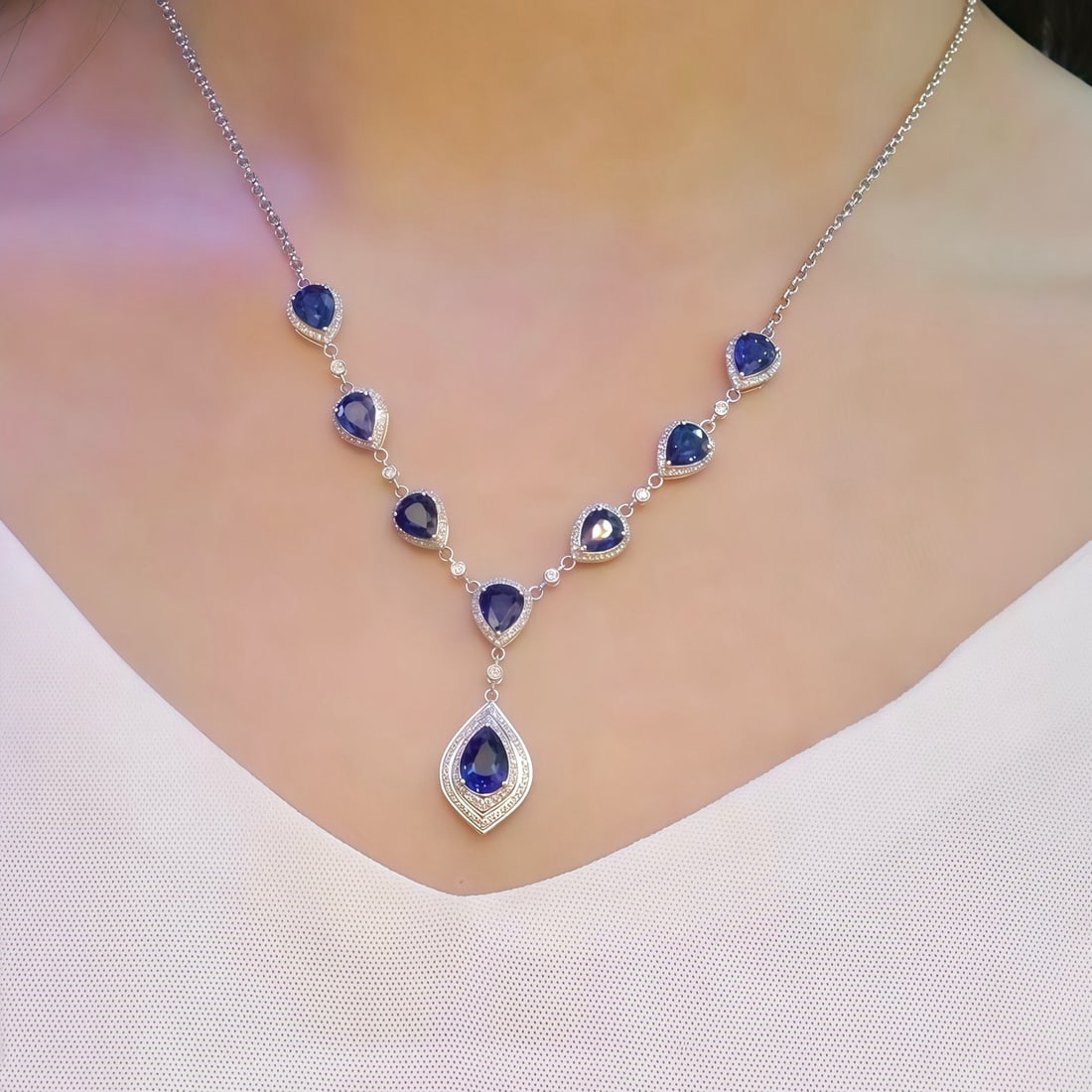 14k Gold 7.15 Ctw Natural Sapphire & Diamond Necklace - 5