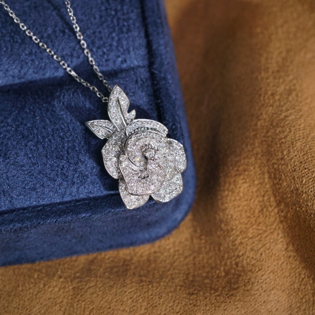 14k Gold 0.73 Ct Natural H Diamond & Flowers Necklace - 2
