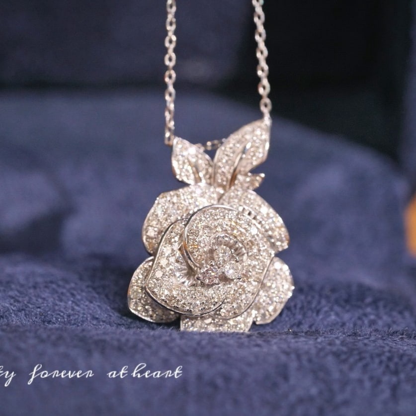 14k Gold 0.73 Ct Natural H Diamond & Flowers Necklace - 8