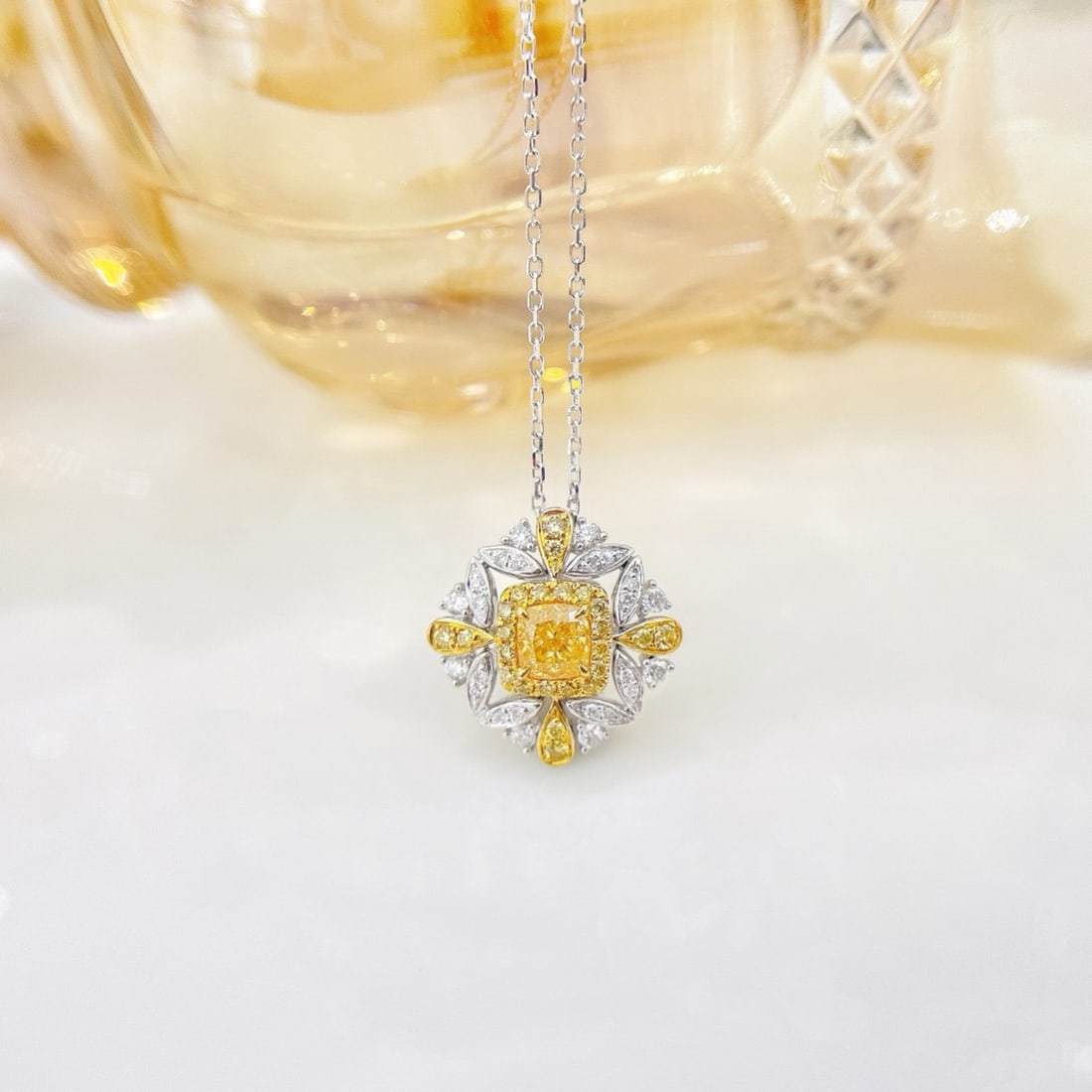 14k Gold 0.69 Ctw Natural Yellow Diamond & Diamond Necklace: Ref:231188098 // gold content:14k gold // main gemstone:yellow diamond // shape:cushion // carat weight:0. 42ct // color:yellow // treatment:natural // // adjacent gemstone 2 : diamond // shape:round