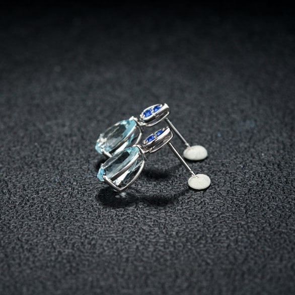 14k Gold 3.66 Ct Natural Aquamarine & Sapphire Earrings - 3