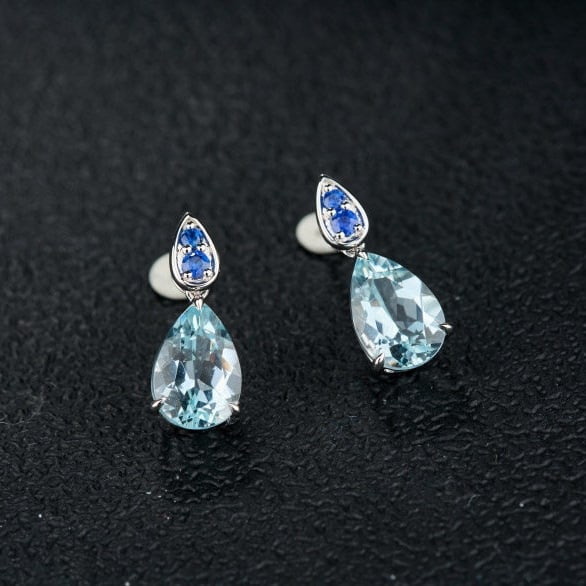 14k Gold 3.66 Ct Natural Aquamarine & Sapphire Earrings - 5