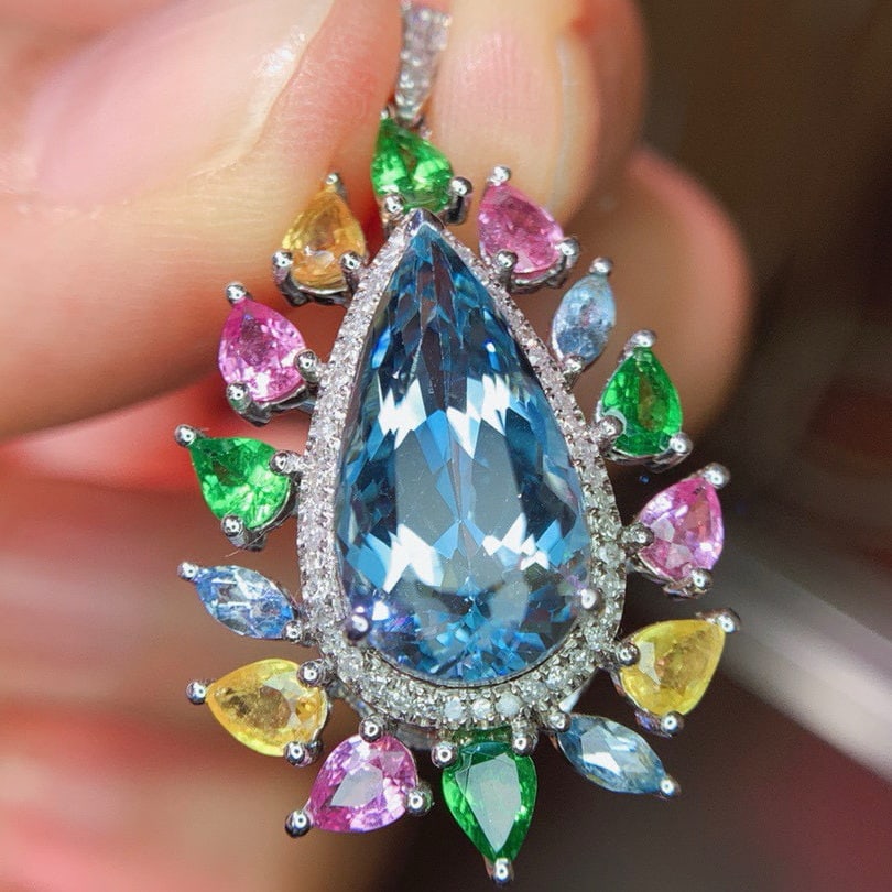 14k Gold 5.3 Ct Natural Aquamarine & Coloured Gemstone Pendant( Without Chain ) - 5
