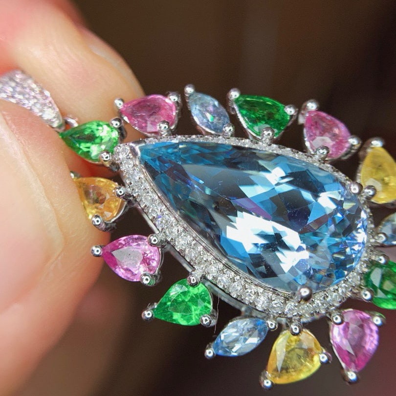 14k Gold 5.3 Ct Natural Aquamarine & Coloured Gemstone Pendant( Without Chain ) - 6