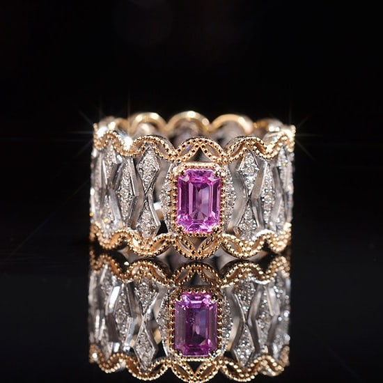 14k Gold 1.13 Ctw Natural Sapphire & Diamond Ring: Ref:231188121 // gold content:14k gold // ring size:7. 25us // // main gemstone:sapphire // shape:octagonal // carat weight:0. 7ct // color:pink // treatment:natural // // adjacent gemstone 2 :