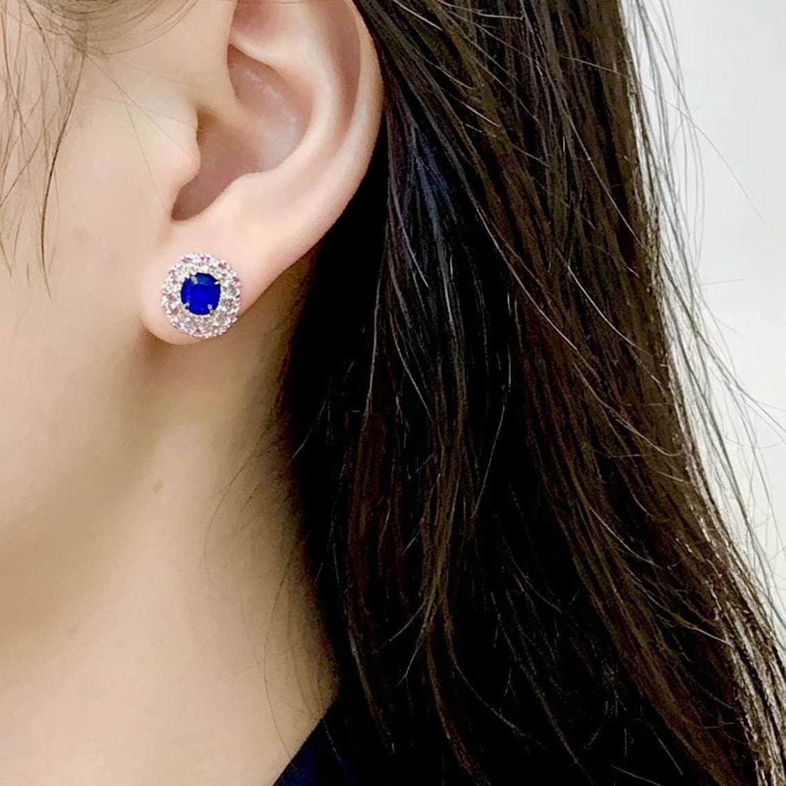 14k Gold 1.6 Ct Natural Sapphire & Diamond & Sapphire Earrings - 4