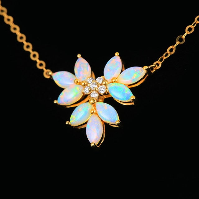 14k Gold 0.96 Ctw Natural Opal & Diamond Necklace - 3