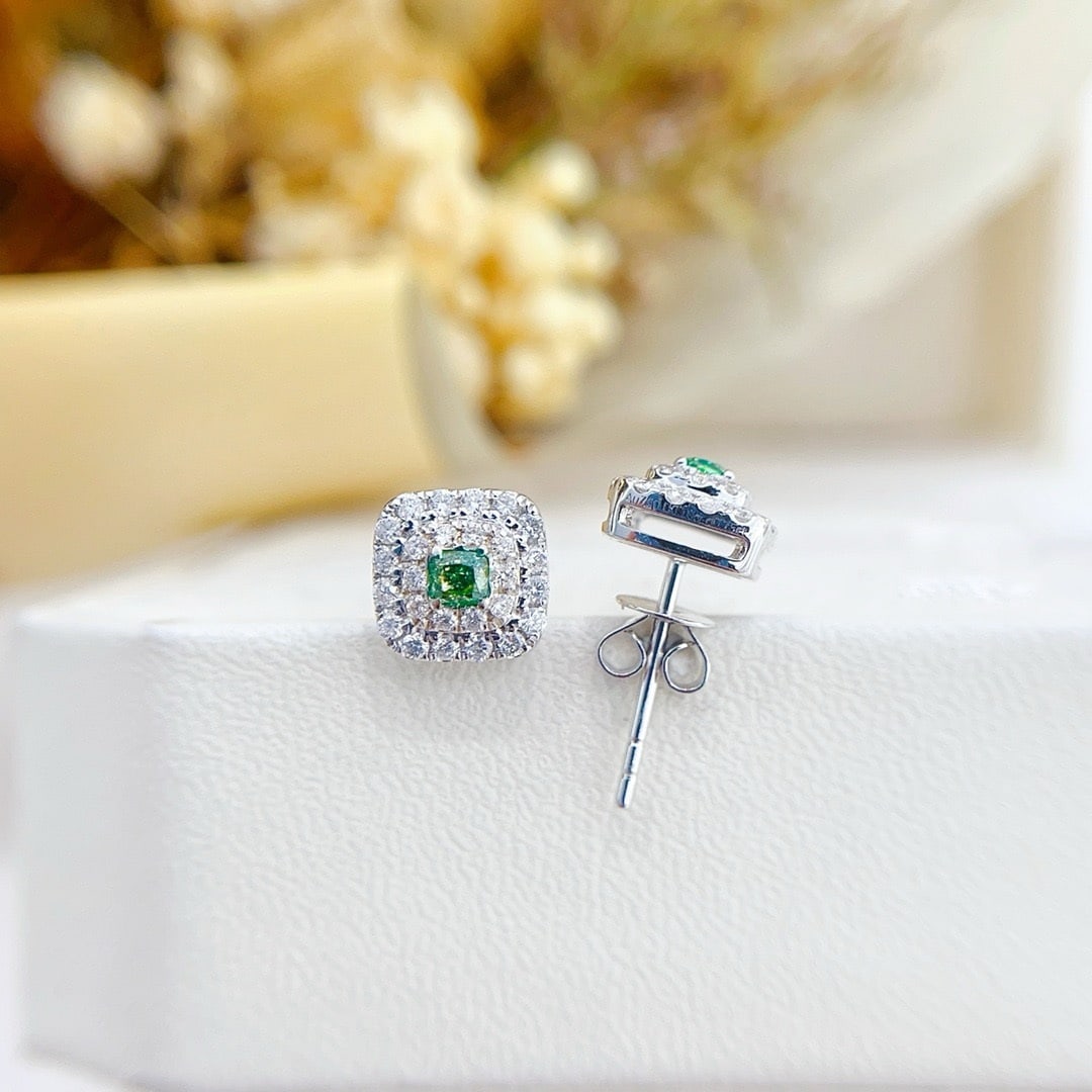 14k Gold 0.50 Ctw Natural Green Diamond & Diamond Earrings - 2