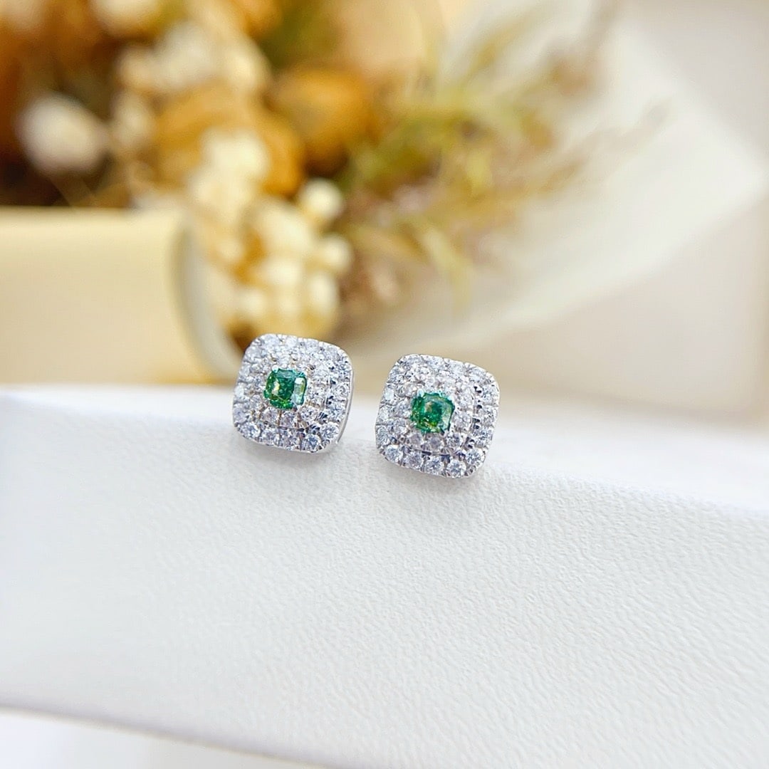 14k Gold 0.50 Ctw Natural Green Diamond & Diamond Earrings - 3