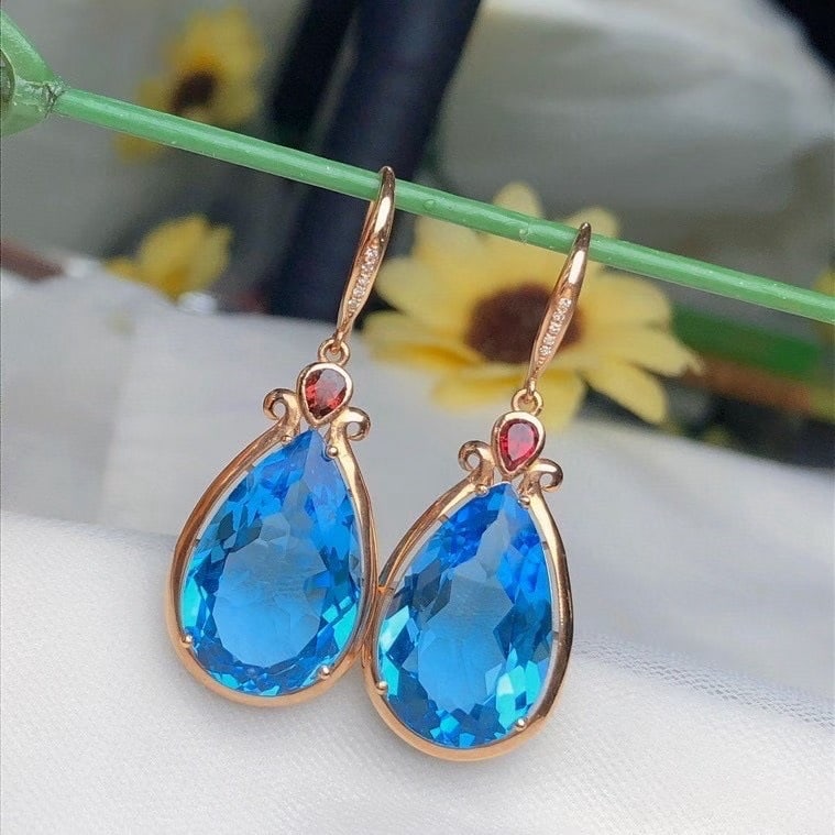 14k Gold 22.6 Ct Natural Topaz & Diamond Earrings - 2