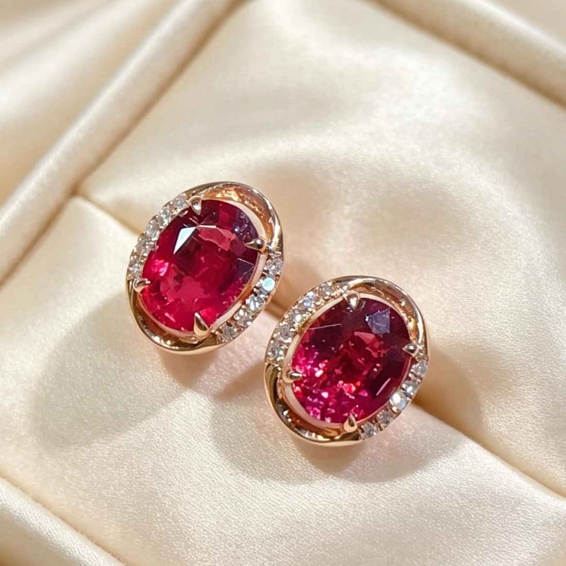 14k Gold 1.68 Ct Natural Tourmaline & Diamond Earrings: Ref:231188157 // gold content:14k gold // main gemstone:tourmaline // shape:oval // carat weight:1. 68ct // color:red // treatment:natural // // adjacent gemstone 2 : diamond // number of stones:20 //