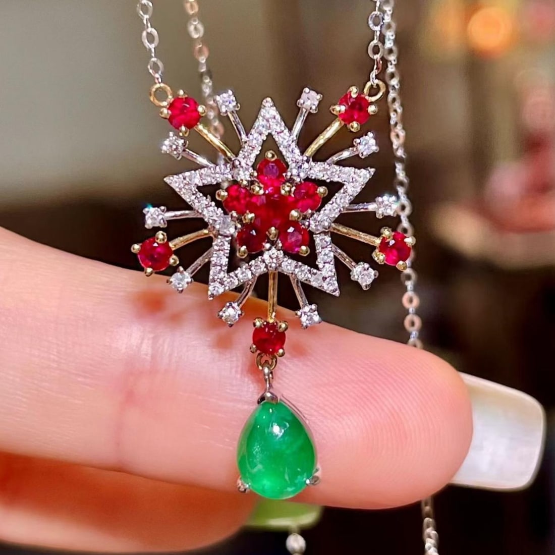 14k Gold 1.51 Ctw Natural Emerald & Ruby Necklace: Ref:231188172 // gold content:14k gold // main gemstone:emerald // shape:pear // carat weight:0. 86ct // color:green // treatment:natural // // adjacent gemstone 2 : ruby // shape:round // carat