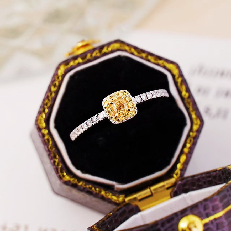 14k Gold 0.2 Ct Natural Yellow Diamond & Diamond Ring: Ref:231188187 // gold content:14k gold // ring size:7. 25us // // main gemstone:yellow diamond // shape:cushion // carat weight:0. 2ct // color:yellow // treatment:natural // // adjacent gemstone 2 :