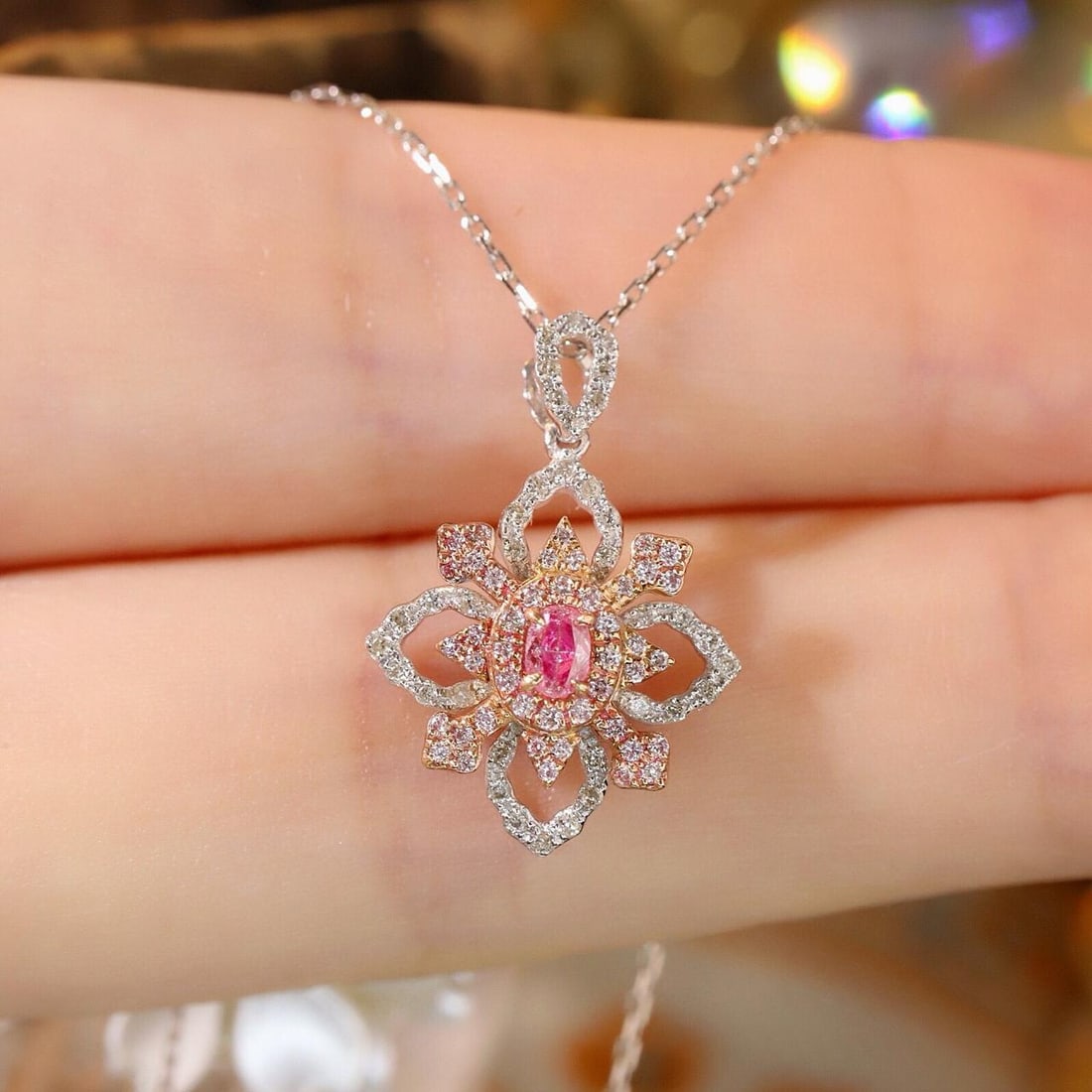 14k Gold 0.40 Ctw Natural Pink Diamond & Diamond Necklace: Ref:231188190 // gold content:14k gold // main gemstone:pink diamond // shape:oval // carat weight:0. 12ct // color:pink // treatment:natural // // adjacent gemstone 2 : diamond // shape:round //