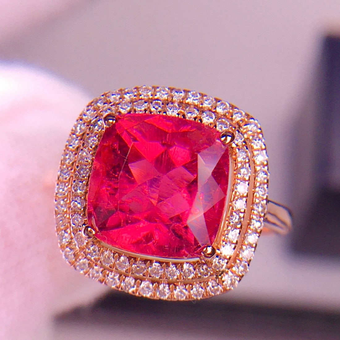 14k Gold 4.05 Ct Natural Tourmaline & Diamond Ring: Ref:231188197 // gold content:14k gold // ring size:7. 25us // // main gemstone:tourmaline // shape:cushion // carat weight:4. 05ct // color:red // treatment:natural // // adjacent gemstone 2 :