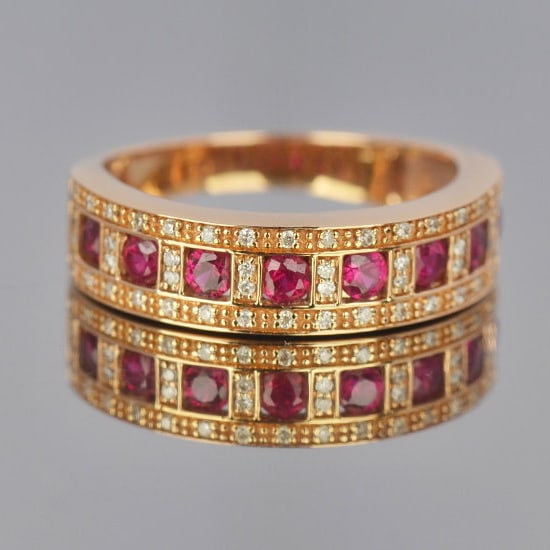 14k Gold 0.89 Ctw Natural Ruby & Diamond Ring: Ref:231188214 // gold content:14k gold // ring size:7. 25us // // main gemstone:ruby // shape:round // carat weight:0. 73ct // color:red // treatment:natural // cut grade:g // // adjacent gemstone 2