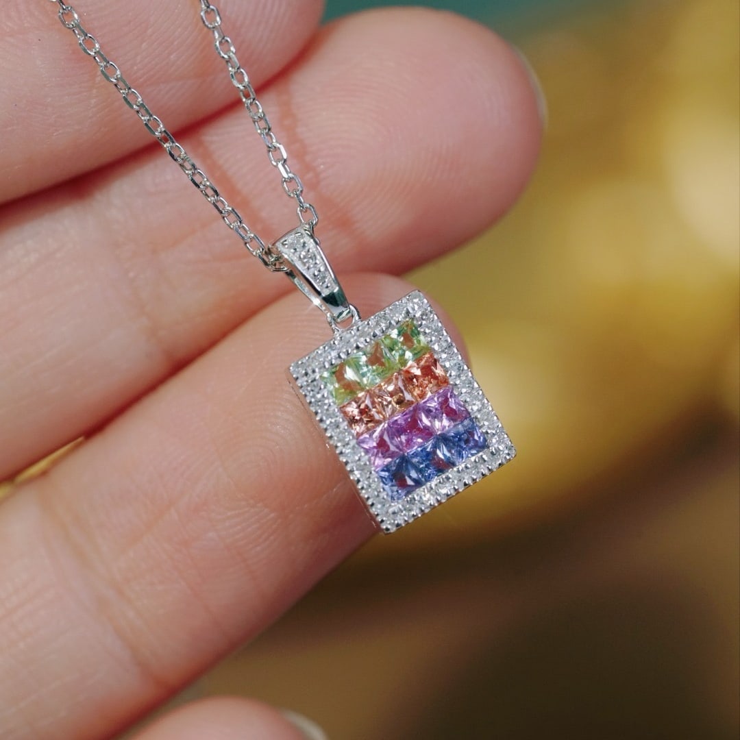 14k Gold 0.96 Ctw Natural Sapphire & Diamond Necklace: Ref:231188227 // gold content:14k gold // main gemstone:sapphire // shape:princess // carat weight:0. 84ct // color:color // treatment:natural // // adjacent gemstone 2 : diamond // shape:round //