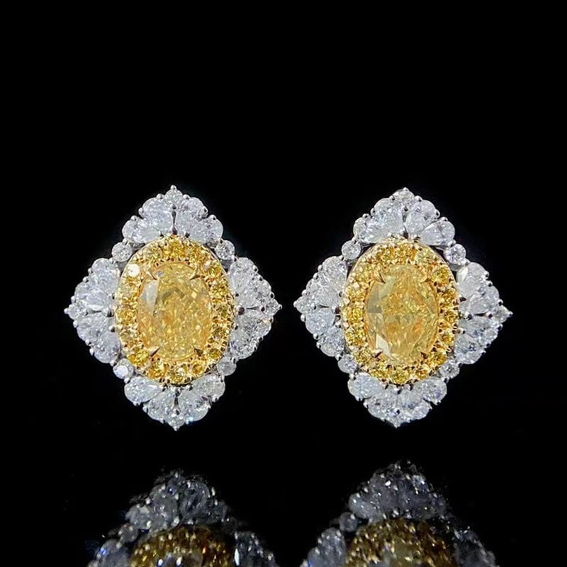 14k Gold 2.2 Ctw Natural Yellow Diamond & Diamond Earrings: Ref:231188238 // gold content:14k gold // main gemstone:yellow diamond // shape:oval // carat weight:1. 1ct // color:yellow // treatment:natural // // adjacent gemstone 2 : diamond // shape:multiple /