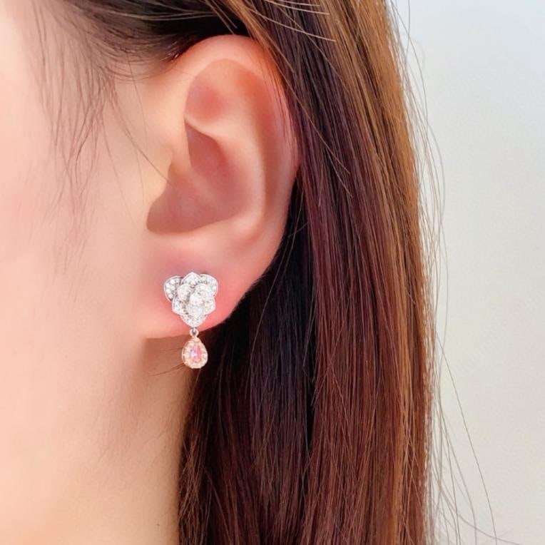 14k Gold 0.66 Ctw Natural Pink Diamond & Diamond & Flowers Earrings - 2