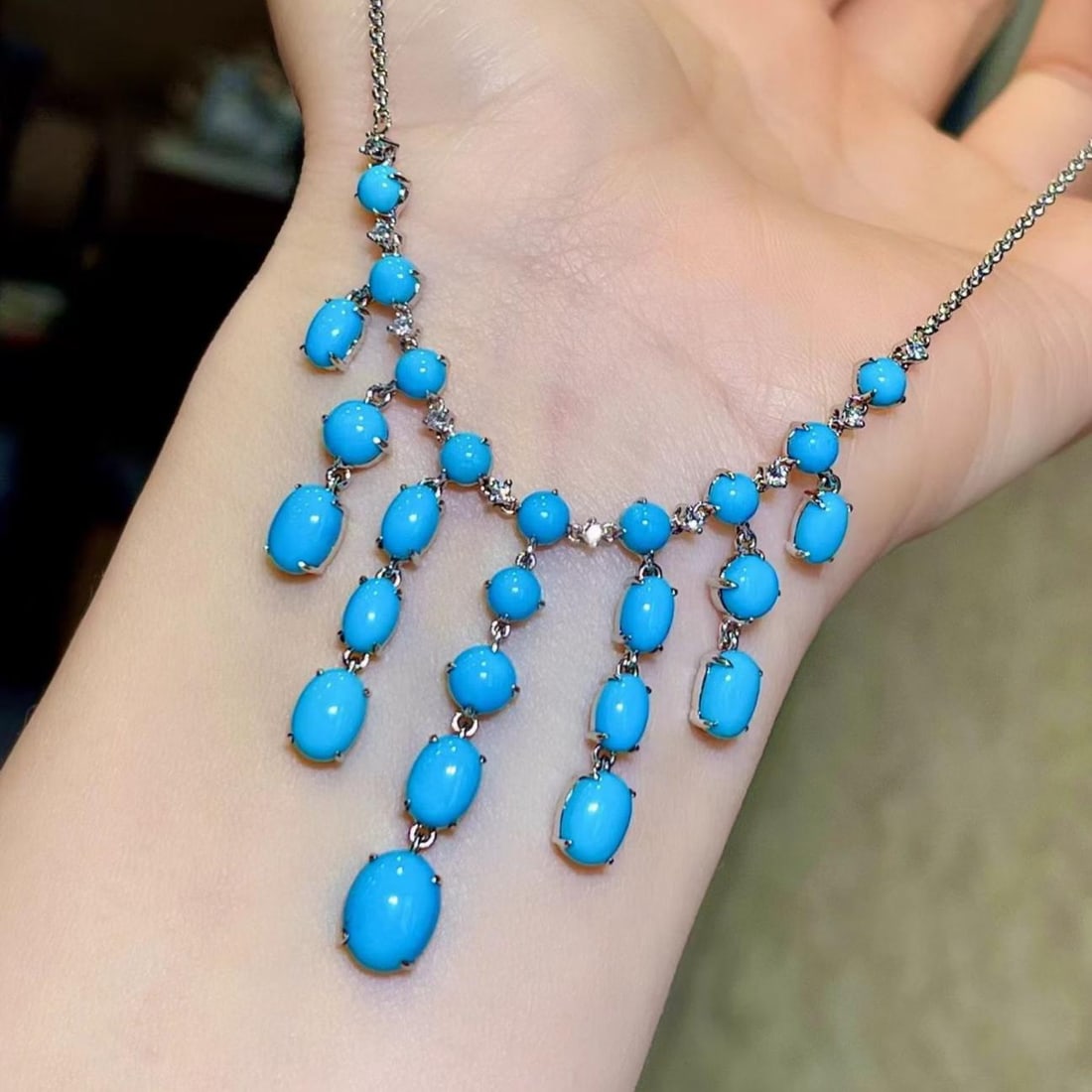 14k Gold 13.37 Ctw Natural Blue Turquoise & Diamond Necklace: Ref:231188248 // gold content:14k gold // main gemstone:blue turquoise // shape:multiple // carat weight:13. 22ct // color:blue // treatment:natural // // adjacent gemstone 2 : diamond // shape:round