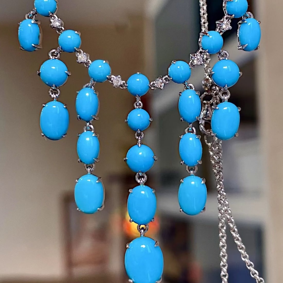 14k Gold 13.37 Ctw Natural Blue Turquoise & Diamond Necklace - 2