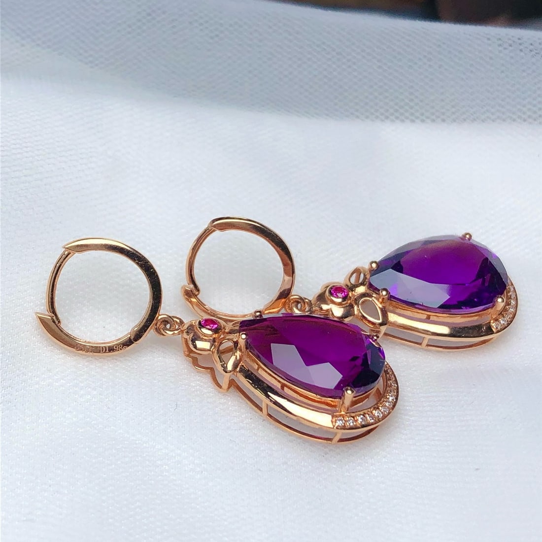 14k Gold 9.90 Ct Natural Amethyst & Diamond Earrings - 3