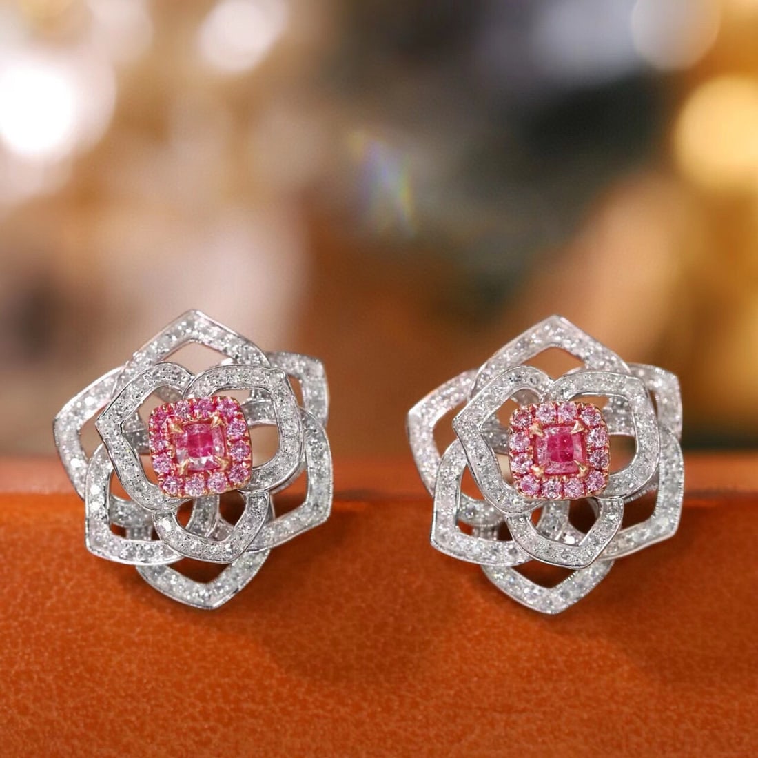14k Gold 0.80 Ctw Natural Pink Diamond & Diamond & Flowers Earrings: Ref:231188268 // gold content:14k gold // main gemstone:pink diamond // shape:cushion // carat weight:0. 22ct // color:pink // treatment:natural // // adjacent gemstone 2 : diamond // shape:round // c
