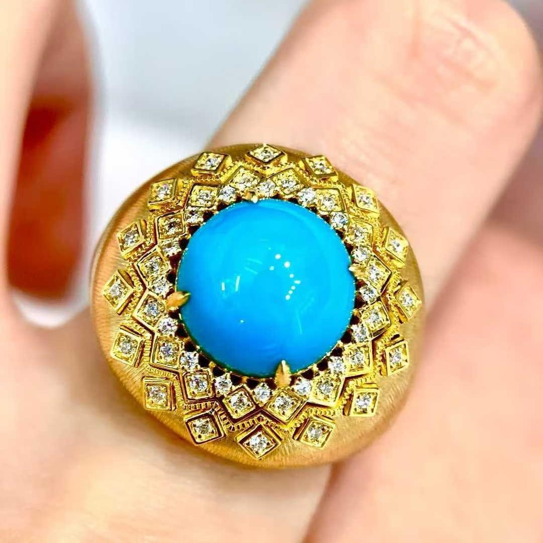 14k Gold 3.87 Ctw Natural Blue Turquoise & Diamond Ring: Ref:231188286 // gold content:14k gold // ring size:7. 25us // // main gemstone:blue turquoise // shape:round // carat weight:3. 63ct // color:blue // treatment:natural // cut grade:g // // adjacent