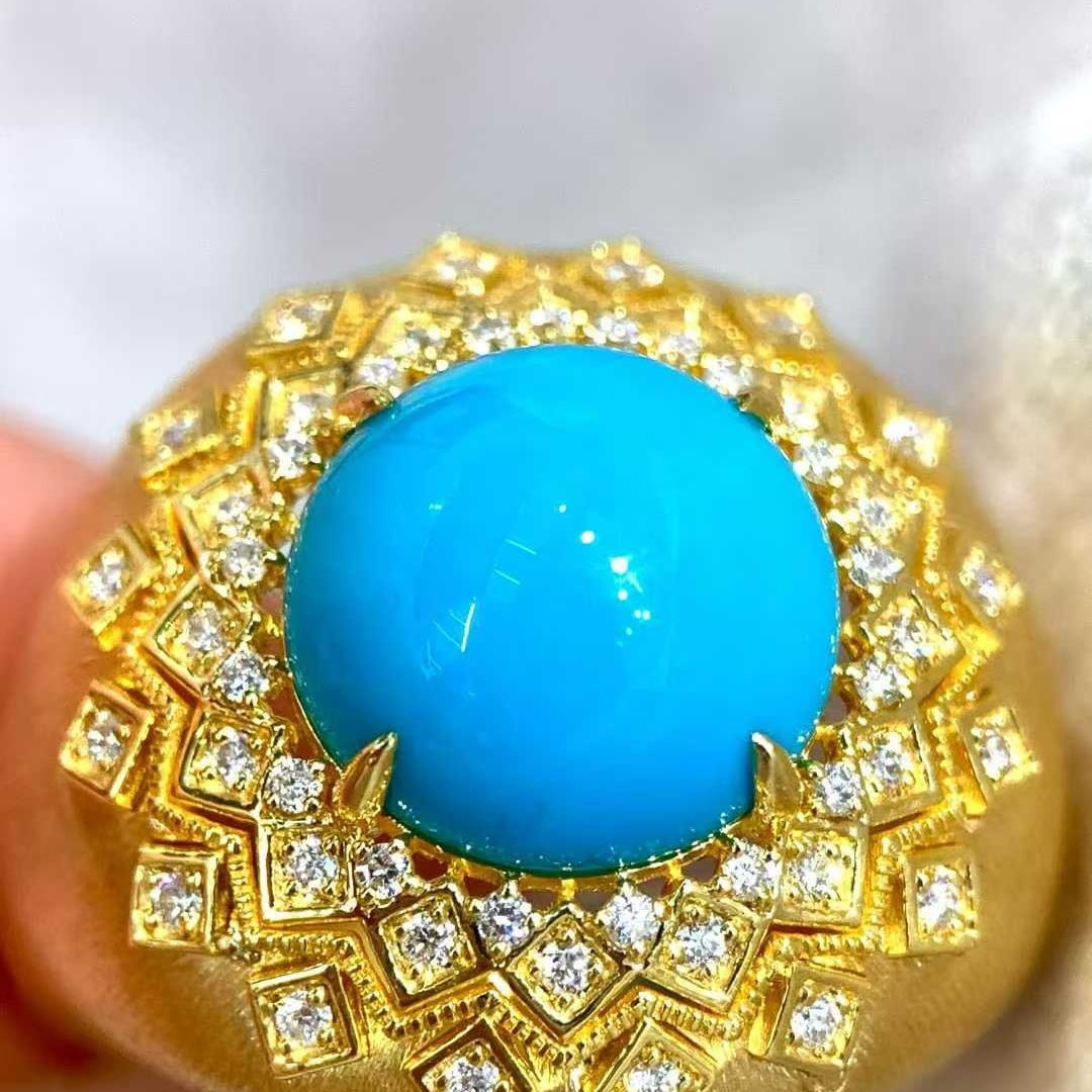 14k Gold 3.87 Ctw Natural Blue Turquoise & Diamond Ring - 4