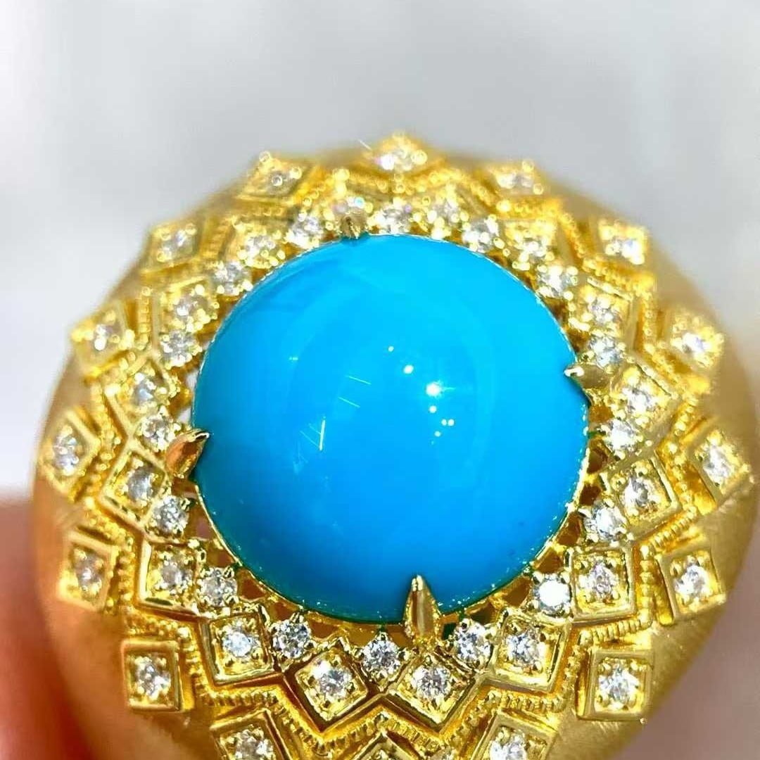 14k Gold 3.87 Ctw Natural Blue Turquoise & Diamond Ring - 5