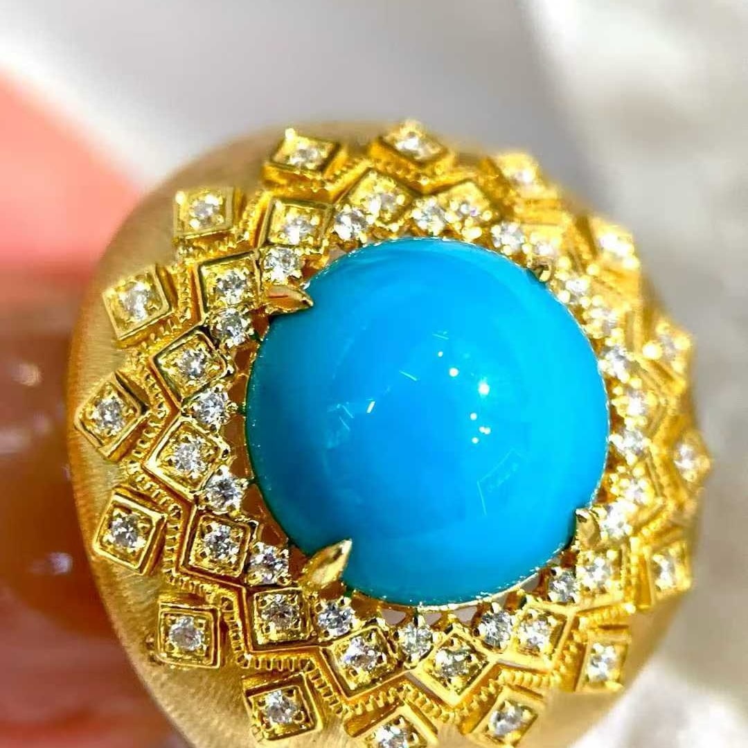 14k Gold 3.87 Ctw Natural Blue Turquoise & Diamond Ring - 6