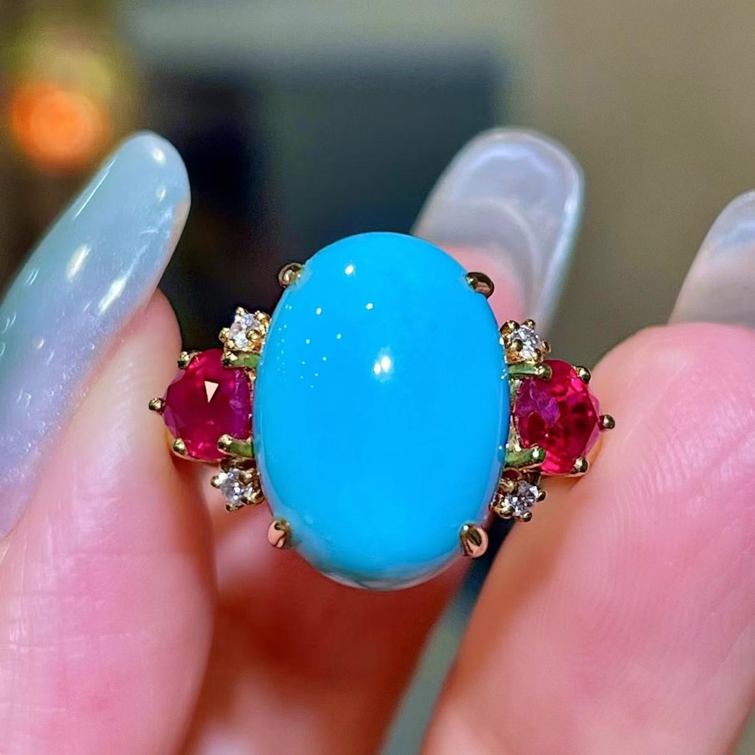 14k Gold 7.85 Ctw Natural Blue Turquoise & Ruby Ring: Ref:231188289 // gold content:14k gold // ring size:7. 25us // // main gemstone:blue turquoise // shape:oval // carat weight:6. 83ct // color:blue // treatment:natural // // adjacent gemstone 2 :