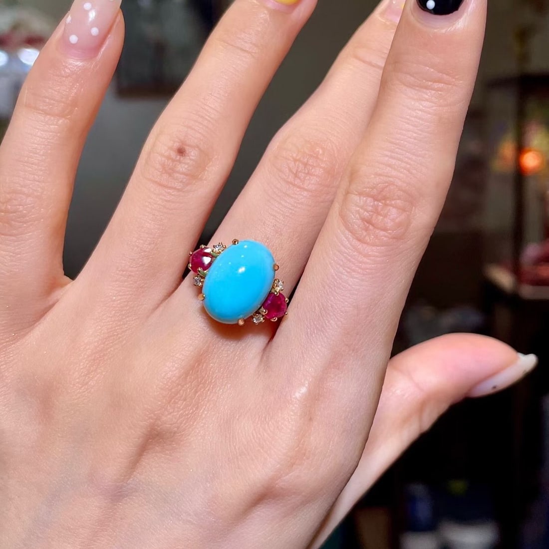 14k Gold 7.85 Ctw Natural Blue Turquoise & Ruby Ring - 3