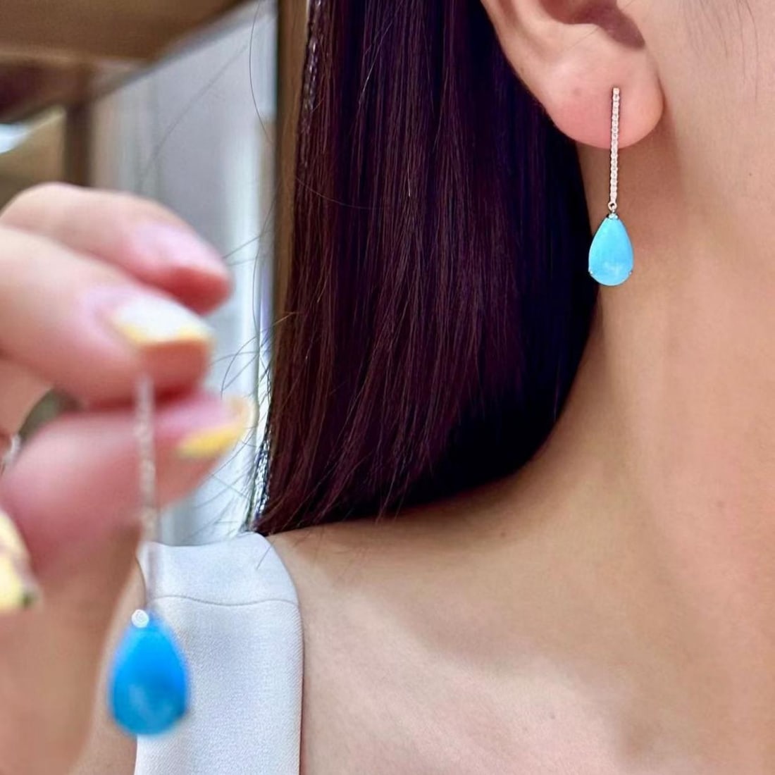 14k Gold 5.95 Ctw Natural Blue Turquoise & Diamond Earrings - 4