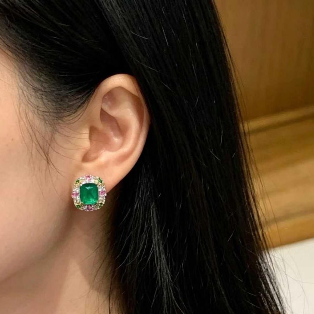14k Gold 2.4 Ct Natural Emerald & Diamond Earrings - 2