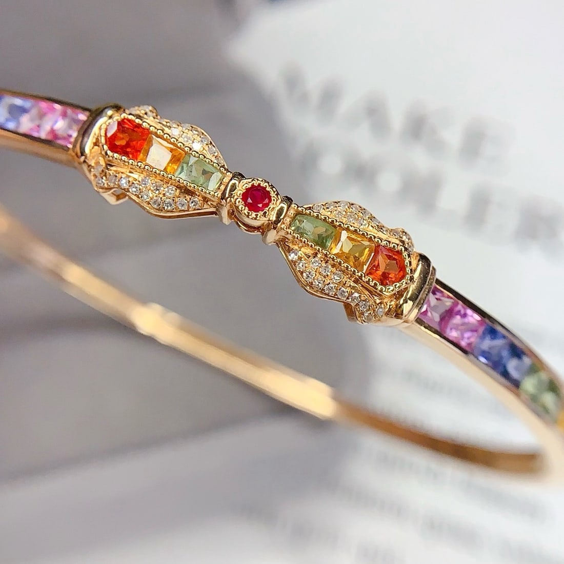 14k Gold 6.5 Ct Natural Sapphire & Diamond Bangle - 2