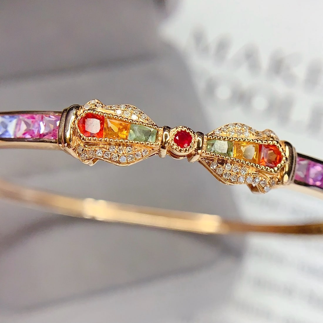 14k Gold 6.5 Ct Natural Sapphire & Diamond Bangle - 4