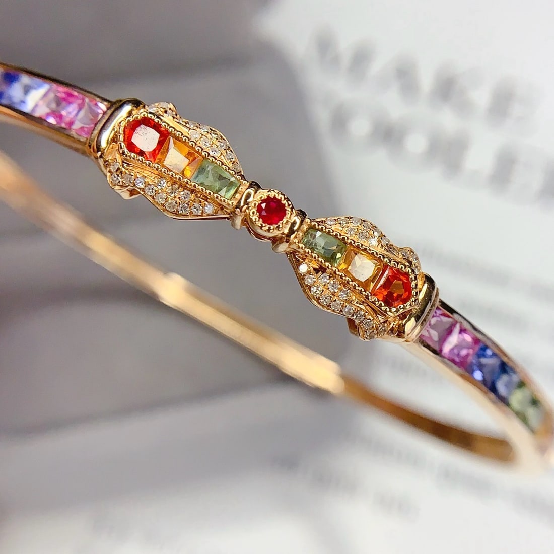 14k Gold 6.5 Ct Natural Sapphire & Diamond Bangle - 5