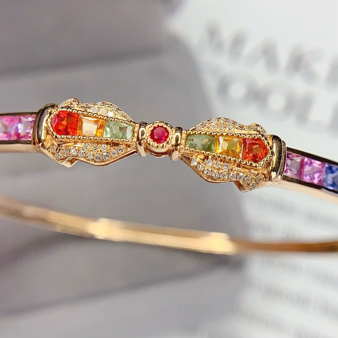 14k Gold 6.5 Ct Natural Sapphire & Diamond Bangle - 6